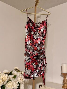 cinq a sept Black Slip Dress with Pink & White Floral Print